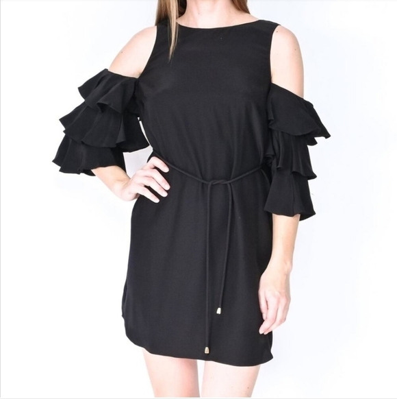 REVOLVE Dresses & Skirts - REVOLVE AMANDA UPRICHARD BLACK SILK COLD SHOULDER RUFFLE SLEEVE BELTED DRESS